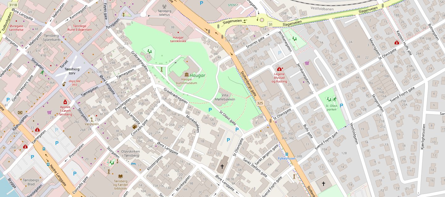 Kart over sentrum av Tønsberg med Villa Møllebakken i St. Olavs gate 6 markert